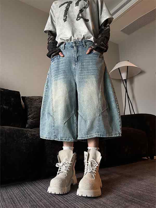 メンズ デニムショーツ 七分丈 牛仔パンツ 復古 ルーズフィット ワイドレッグ ライトウォッシュ ダークウォッシュ 綿混紡 夏用 軽量 通勤 普段使い 伸縮性 吸湿速乾 ビッグシルエット