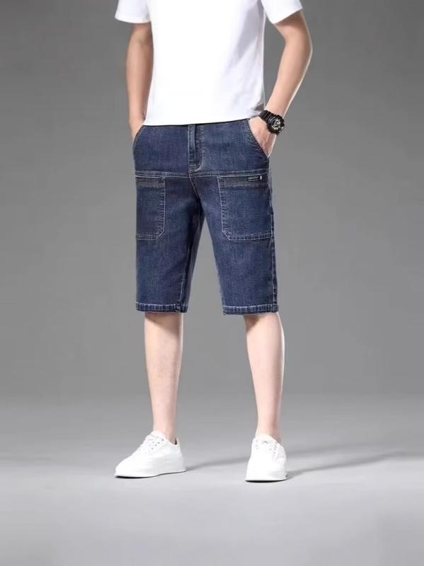 メンズ デニム 七分パンツ 直筒型 薄手 高弾力 春夏 韓国風 カジュアル 日常使い 多ポケット 水洗加工 ミッドライズ ポリエステル混 ライトブルー ダークグレー ブラックグレー ゆったりシルエット 軽量 伸縮性 通勤 通学 休日コーデ アクティブスタ