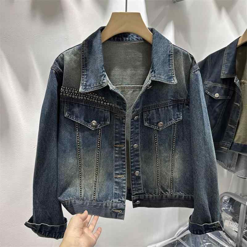レディース 牛仔ジャケット 秋冬 ブルー 長袖 POLO領 単排扣 短丈 切り替え ビーズ刺繍 デニム素材 中厚 ゆったりシルエット 日韓カジュアル 普段使い 快適 伸縮性 コーディネート
