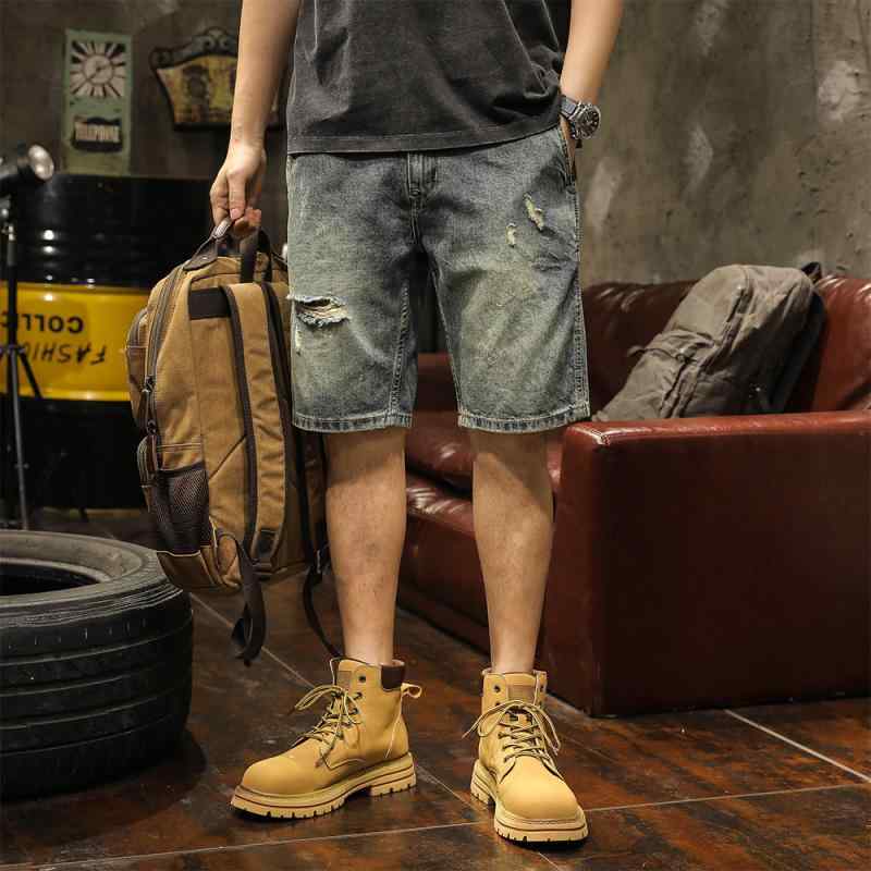 メンズ デニム ショーツ 直筒 破れ 加工 ゆったり フィット 夏用 薄手 微弾性 復古カラー 中腰 ジップ 開閉 青年向け 普段使い 軽量 通気性 良い コットン 混紡 カジュアル スタイル ビンテージ 風