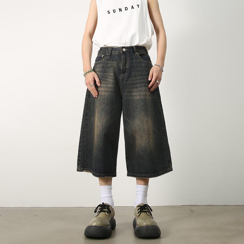 メンズ 七分 デニム ショーツ ゆったり シルエット ウォッシュ加工 ヴィンテージ 風 夏用 ヒップホップ スタイル 直筒 コットン 素材 ブラック ディープブルー 復古 カラーリング 軽量 普段使い カジュアル