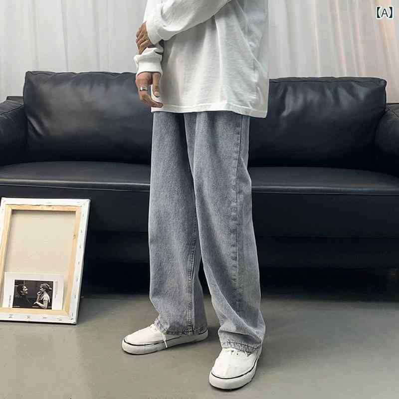 メンズ デニムパンツ 直筒 ワイドレッグ ロング丈 韓国風 ゆったり 低腰 薄手 涼しい 接触冷感 ポリエステル ブラック ライトブルー ダークブルー 夏 春夏 休? 青少年 普段使い