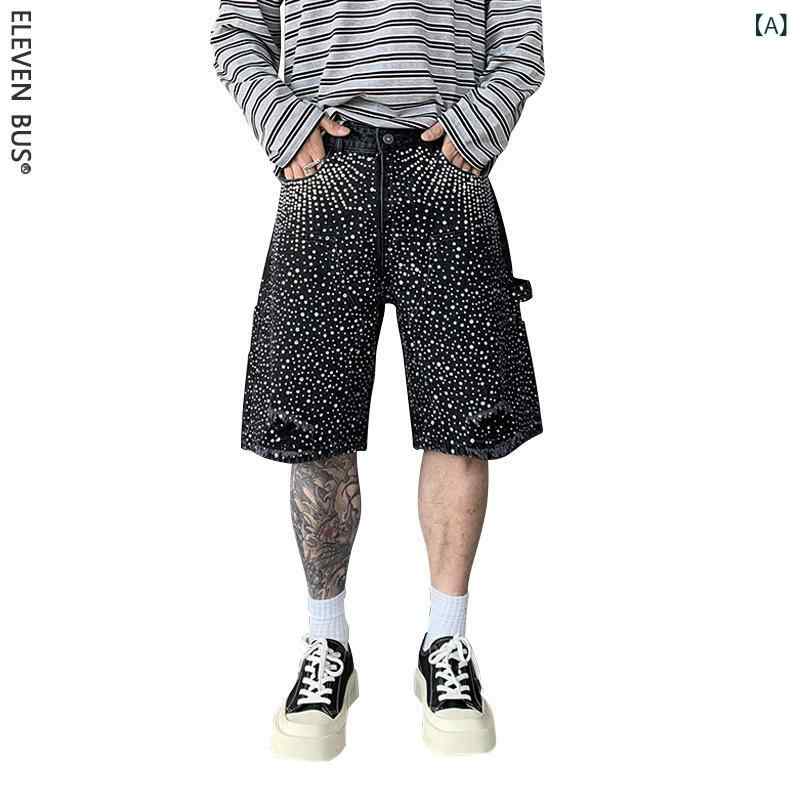 メンズ 牛仔パンツ 直筒 ショートパンツ 夏用 接触冷感 綿素材 薄手 ミッドライズ ジッパー ブラック ブルー ビンテージスタイル ストリートファッション デニム ハーフパンツ 日常使い 軽量 伸縮性なし カジュアル トレンド 個性派 5分丈 洗い加工