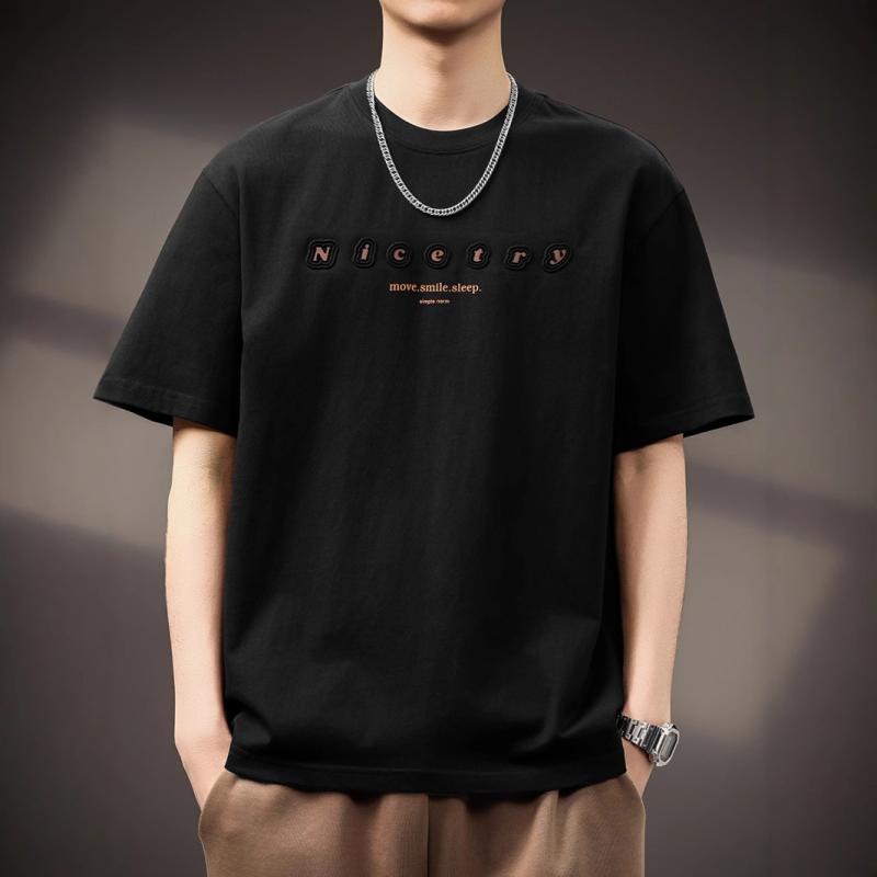 Tシャツ メンズ 短袖 綿100% 透気性 夏用 黒 白色 丸首 ルーズフィット 落肩袖 印花 文字柄 アメリカン レトロ 都市スタイル 青年向け 休? カジュアル トップス ビッグシルエット 吸湿速乾 軽量 2025春夏