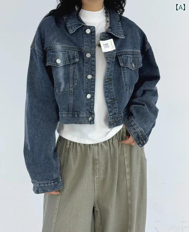 レディース 秋冬 韓国風 ゆったり 大きいサイズ ぽっちゃり 普段使い ビンテージ ショート丈 長袖 ポロ襟 シングルブレスト ミドル厚 コットン デニム ジャケット トップス コート ブラック ネイビー ライトブルー カジュアル ルーズフィット ワーク
