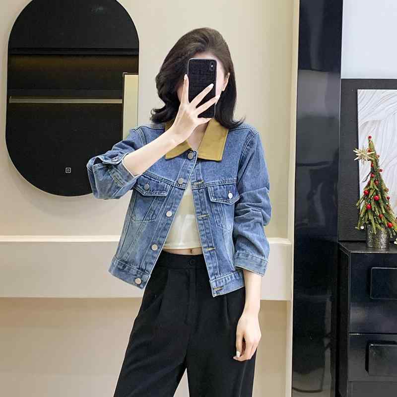 デニムジャケット 女性用 ミッドブルー 水洗加工 短丈 切り替え 工装風 トップス 長袖 POLO領 ルーズフィット 気質通勤 快適レジャー 都市スタイル 伸縮性 吸湿速乾