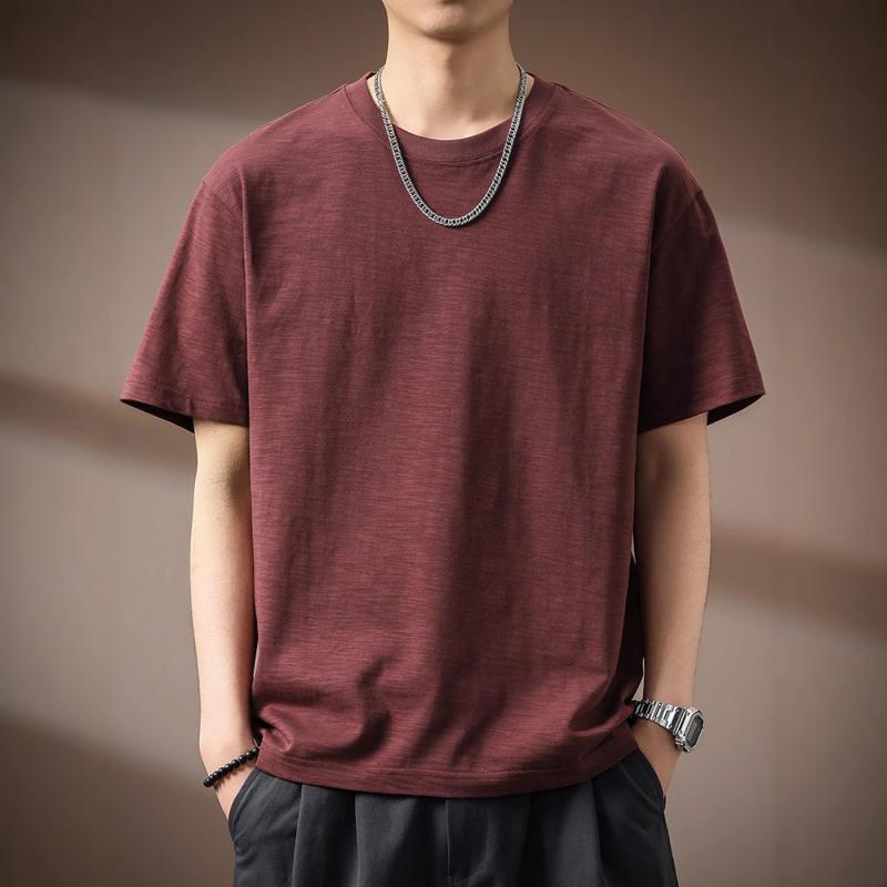 メンズ Tシャツ 竹節綿 短袖 丸首 ゆったり 夏用 純棉 薄手 耐磨 落肩袖 丸型 日常 復古 街スタイル 暗赤 ブラック ホワイト カーキ ダークグレー ワインレッド 幾何柄 徽章 免アイロン 軽量 通勤 普段使い 青年向け カジュアル トップス 吸