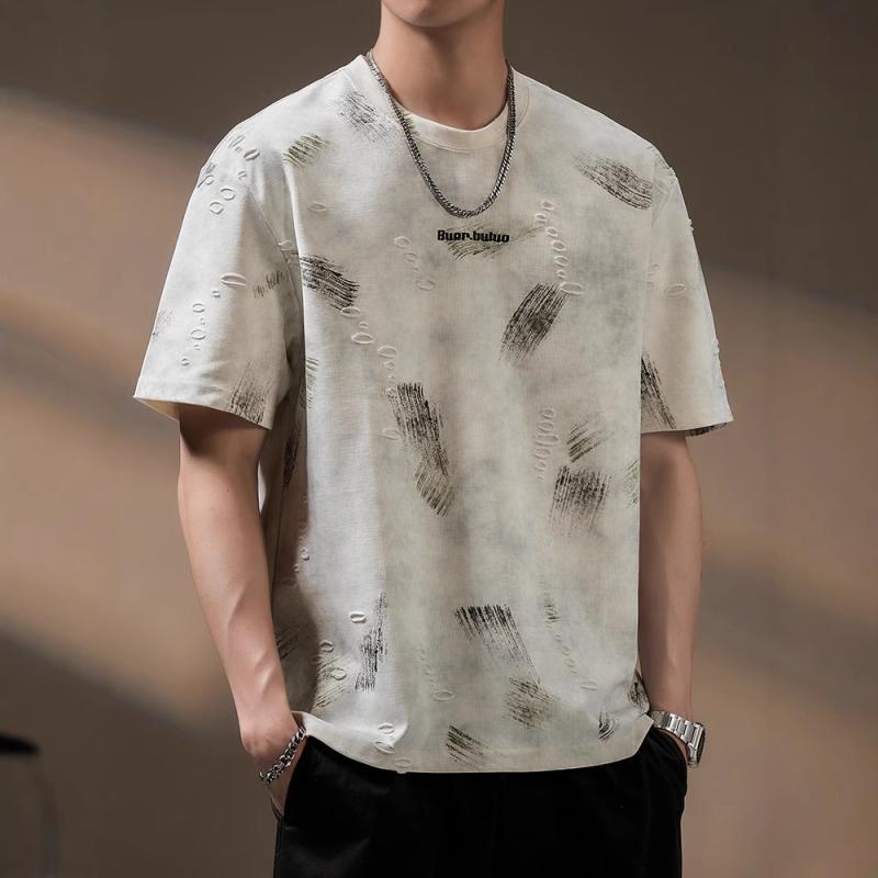 メンズ 半袖 Tシャツ 夏用 薄手 ゆったり 落肩 デザイン 破れ 加工 ストリート スタイル コットン 混紡 ポリエステル ストレッチ 耐摩耗 免アイロン 白色 黒色 日常 着用 トップス