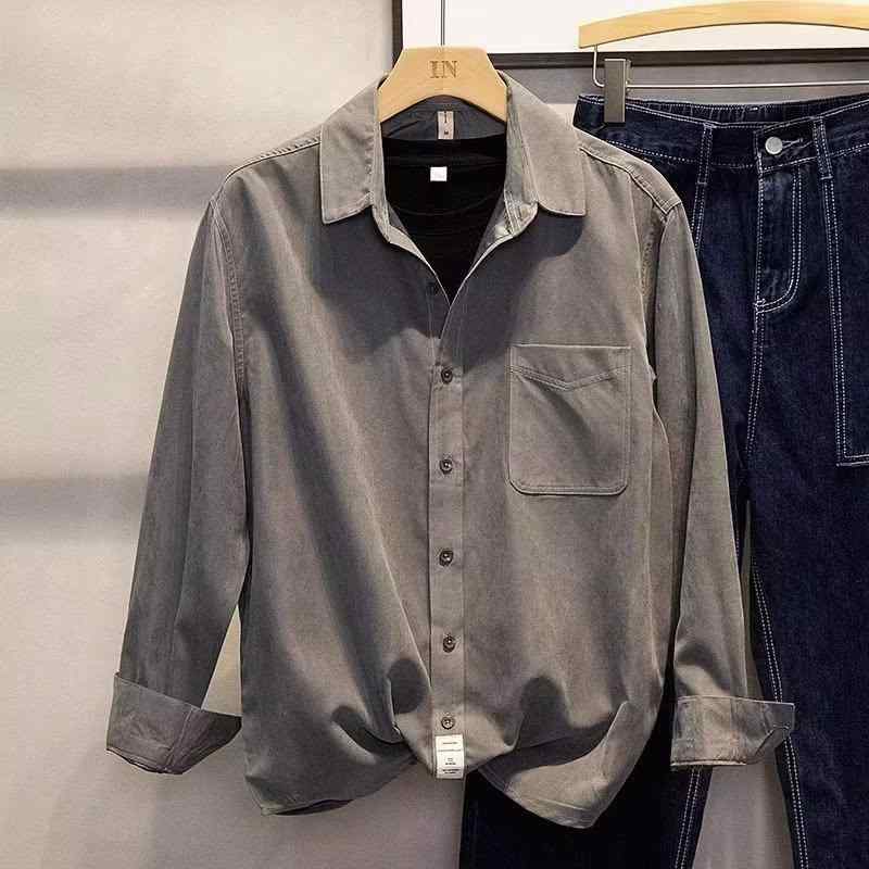 メンズ 長袖 シャツ トップス 春秋 軽量 コットン混紡 ポリエステル 混紡素材 ゆったり シルエット 翻領 デザイン 無地 黒 白 グレー ブルー カラー 免?加工 日常 普段使い カジュアル スタイル 青少年 向け 成人 男性用 ライト ジャケット