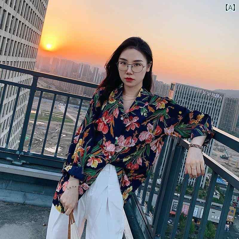 インナー 女性用 シャツ トップス 長袖 印花柄 春夏 ポリエステル スパンデックス ストレッチ 修身 ウエストンカラー シングルブレスト ボタン プリント パターン フィット デザイン 私服 隠れ家風 バレンシア ネイビー アイリス チャイナ レッド
