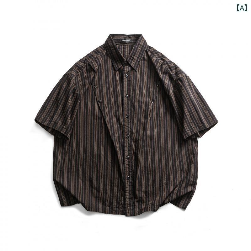 メンズ 短袖 シャツ トップス ストライプ柄 綿100% 透気性 ゆったりシルエット 翻領デザイン 切り替えディテール 免?加工 春夏 夏季 黒 杏色 ・稀色 カジュアル 普段使い 青年向け 日系 工装風 レジャー 軽量 吸湿速乾 ストリートファッション