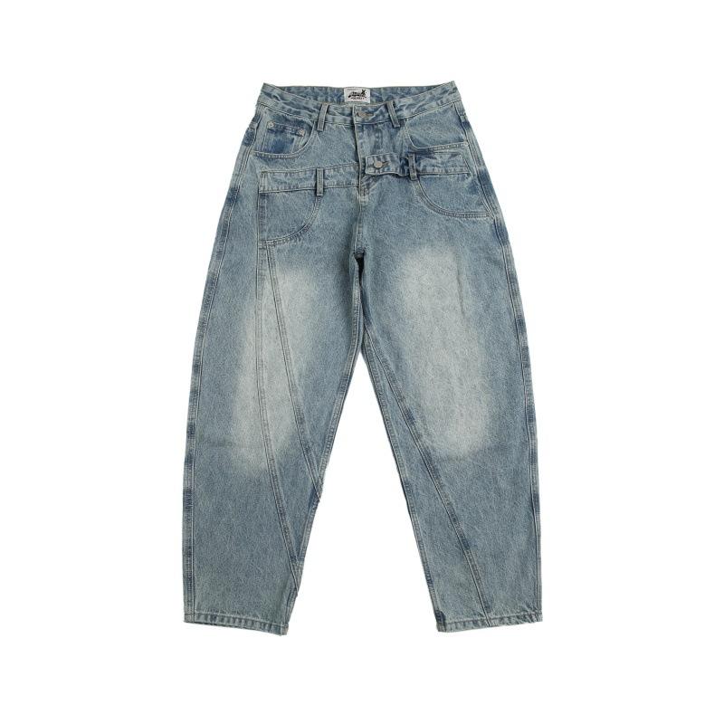 メンズ デニムパンツ 直筒 ワイドシルエット ミッドライズ ジッパー 綿素材 水洗加工 徽章デザイン 無弾性 ロング丈 ブルー 通年 青少年向け 日常カジュアル 街頭スタイル ヴィンテージ風 ゆったり 快適 軽量 耐久性
