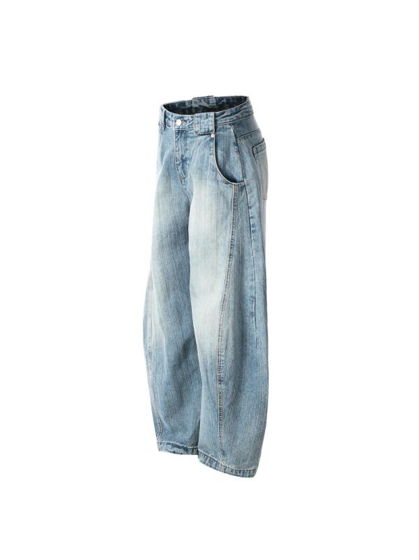 メンズ 牛仔パンツ デニム 直筒 ワイドレッグ 膝パッチ ミッドライズ ジッパー フラットシーム ノーストレッチ ロングレングス ミディアムウェイト コットン 素材 ブルー カラー 日系 レトロ スタイル ゆったり シルエット カジュアル 日常使い 通年｜フォークBR