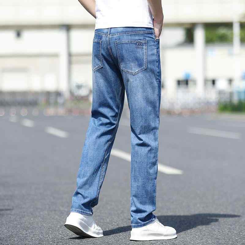 メンズ 牛仔パンツ 軽ビジネス 直筒型 中腰 薄手 綿混 伸縮性 石洗加工 軽量 吸湿速乾 夏用 ビジネスカジュアル 日常使い ロングパンツ 浅ブルー ブルー ポケット 装飾 ミッドライズ イージーケア ゆったり フィット