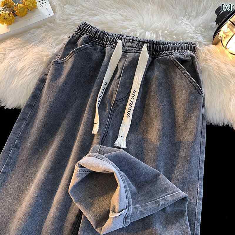 メンズ ストレート デニムパンツ ワイド ルーズ フィット コットン 混紡 ライトブルー ダークブルー グレー ミッドライズ ドローストリング ワッシュ加工 ノーアイロン ストレッチ ロングレングス カジュアル デイリー ストリート 秋冬 ティーン ユー
