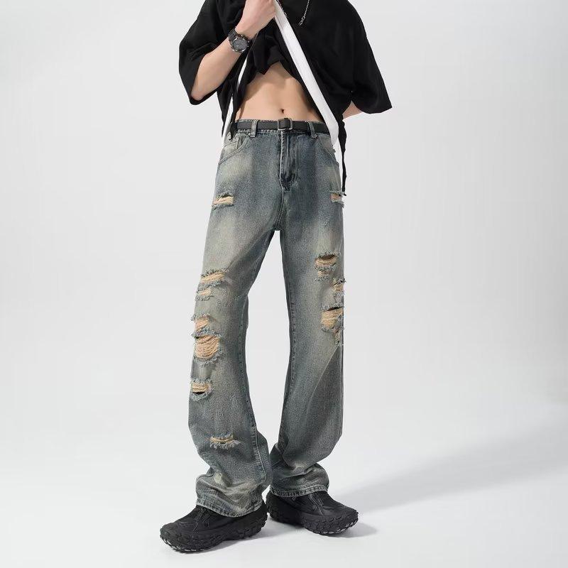 メンズ ジーンズ 直筒 デニムパンツ 破れデザイン ビンテージ風 オーバーサイズ ストリートファッション ゆったりシルエット ミッドライズ ミディアムウェイト ポリエステル混 ストレッチ素材 ライトブルー ミリタリー調ステッチ ノンアイロン加工 ユニセッ