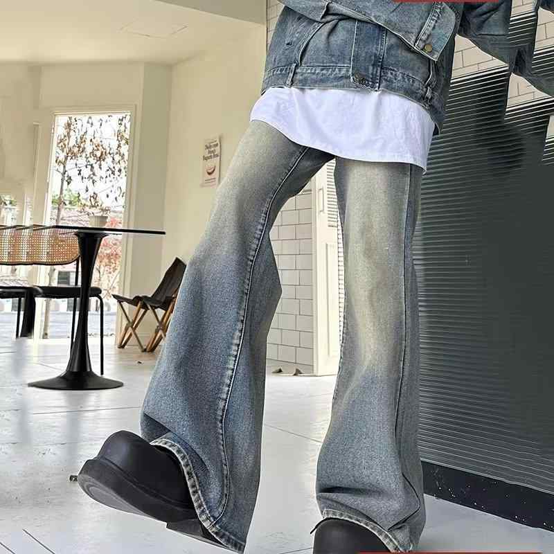 メンズ デニムパンツ ヴィンテージ ワイドレッグ ストレート ミッドライズ ジッパー ウォッシュ加工 ポリエステル混 微弾性 ブルー コットン風 ライトウェイト ストリートカジュアル 秋冬 普段使い ゆったりシルエット 切り替えデザイン ロング丈 青少年