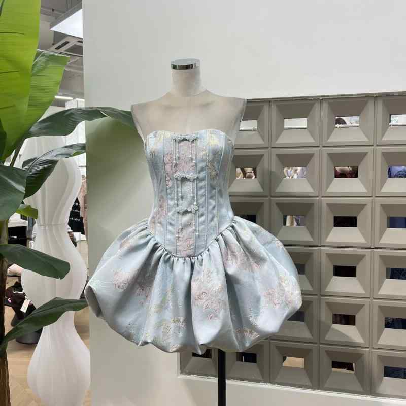 ワンピース レディース 抹胸 ポンパドール 短スカート 国風 提花 ディスクボタン 魚骨 ウエストシェイプ タイバック 無袖 中腰 ピンク ブルー ポリエステル 接触冷感 吸湿速乾 春夏 かわいい 気質 優雅 復古 日常使い 軽量 伸縮性|フォークBR