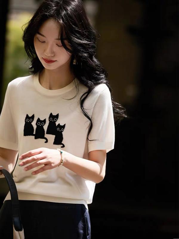 ニット Tシャツ 女性用 桑蚕糸 天絲 レイヨン 接触冷感 短袖 トップス 春夏 かわいい 動物柄 刺繍 ラメ 丸首 三分袖 薄手 軽量 伸縮性 吸湿速乾 ゆったり シルエット ナイトブルー ホワイト 日常使い カジュアル デイリーウェア