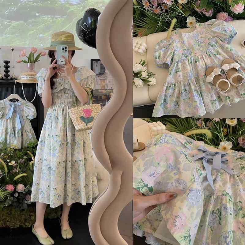 ワンピース 親子 母娘 女の子 夏 春夏 花柄 かわいい プリンセス ビーチ スカート 中長丈 淑女 韓国風 綿 柔らかい 薄手 薄青色 田園 軽量 吸湿速乾 通気性 良い 日常 カジュアル 外出 遊び着