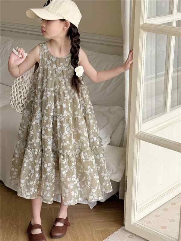 女児 ワンピース 春夏 背心スカート 女の子 子供服 かわいい 花柄 プリント 薄手 ポリエステル 涼しい 柔らかい 素材 無袖 Aライン スカート 灰色 グレー プリンセス チュール スカート 韓国風 スタイリッシュ 潮范 日常使い 軽量 吸湿速乾 伸