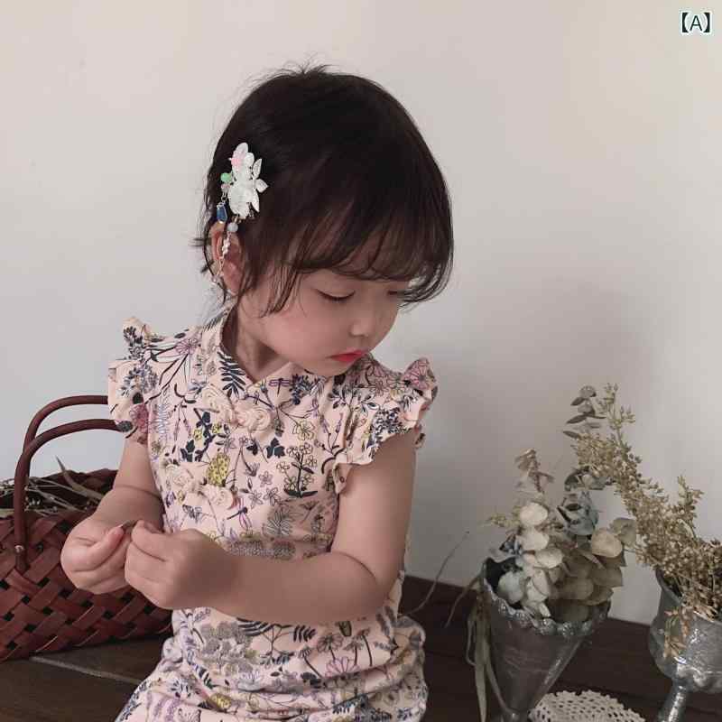 女児 チャイナドレス ワンピース 夏用 女の子 子供服 無袖 花柄 綿素材 柔らかい 接触冷感 吸湿速乾 かわいい プリンセスライン ピンク系 ブラック系 3～8歳 100～140cm 通年対応