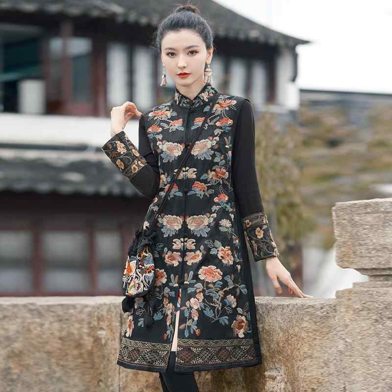 レディース 刺繍 馬甲 女性用 中長丈 トップス 外套 開衫 立襟 花柄 植物柄 盤ボタン 桑蚕糸 麻 混紡 ブラック ローズレッド 復古風 民族風 芸術風 通勤 普段使い 軽量 伸縮性 春夏 秋冬|フォークBR