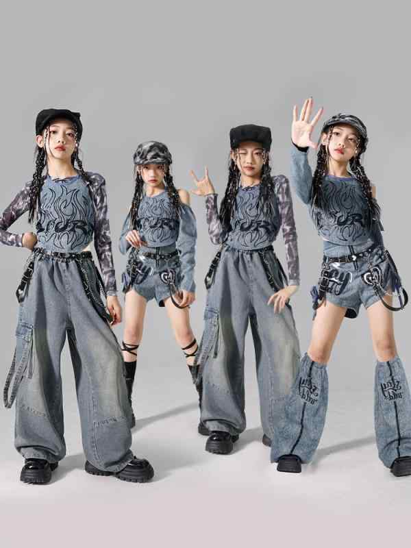 子供 女児 ジャズダンス 演出服 牛仔 セットアップ 長袖トップス ショートパンツ メッシュネット トップ バックレス キャミソール フラメンコ柄 プリント 柔軟素材 ポリエステル 伸縮性 軽量 通年使用 街舞 ヒップホップ 練習着 ステージ衣装 かわい