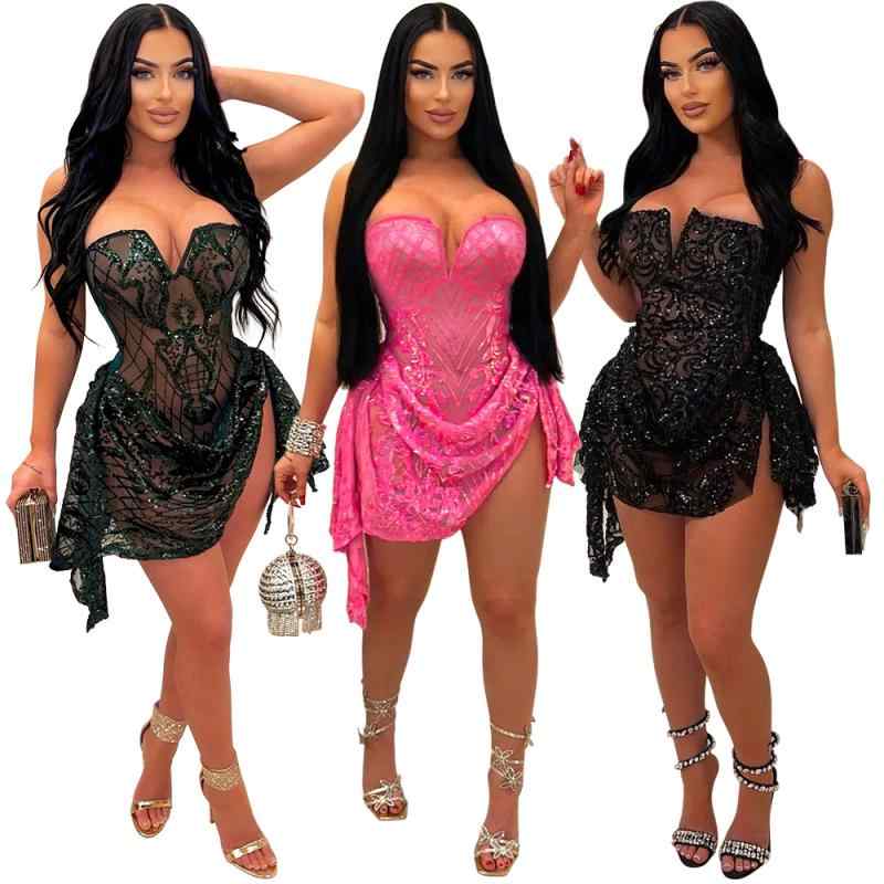 ワンピース 女性用 セクシー Vネック ストラップレス 透け感 シースルー スパンコール 装飾 イノセント ミニドレス 切り替え デザイン 無袖 ミッドライズ コットン 混紡 ポリエステル 素材 グリーン ピンク ブラック カラー 夏 シーズン 通勤 ス