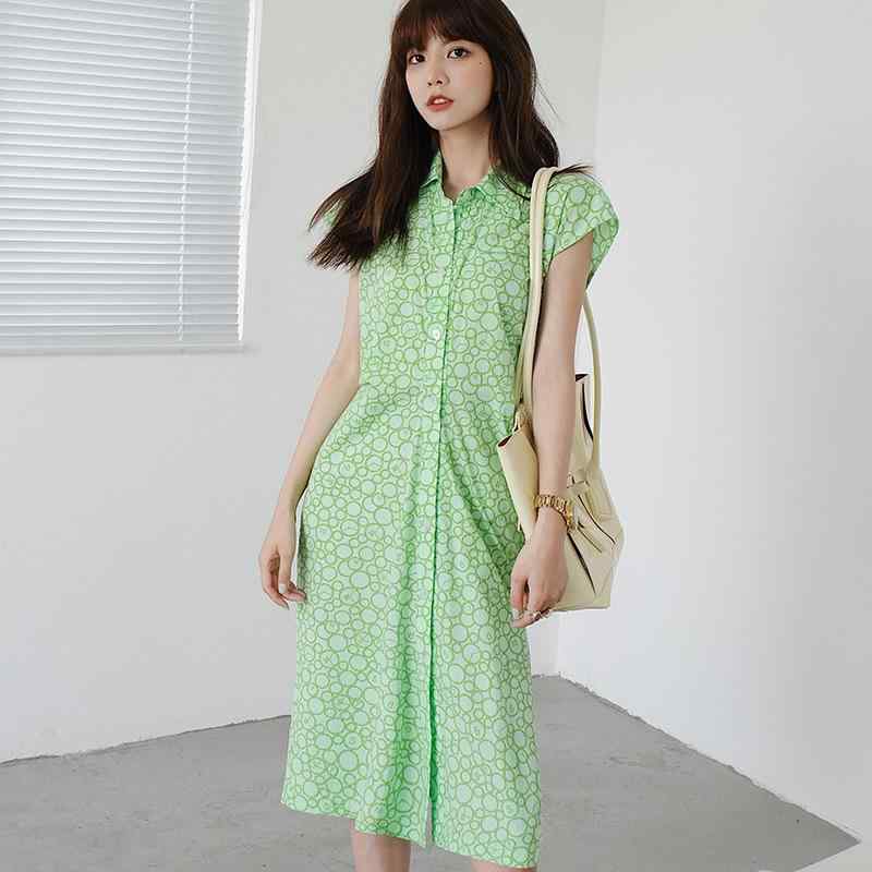 ワンピース 女性用 夏 接触冷感 綿 素材 フレッシュグリーン ブルー プリント 柄 フレア ロング スカート 膝下丈 シャツ ワンピース シングル ボタン ロング 丈 シャツ 襟 ショート スリーブ ルーズ フィット ワイド シルエット 基本 デザイン 7,732円