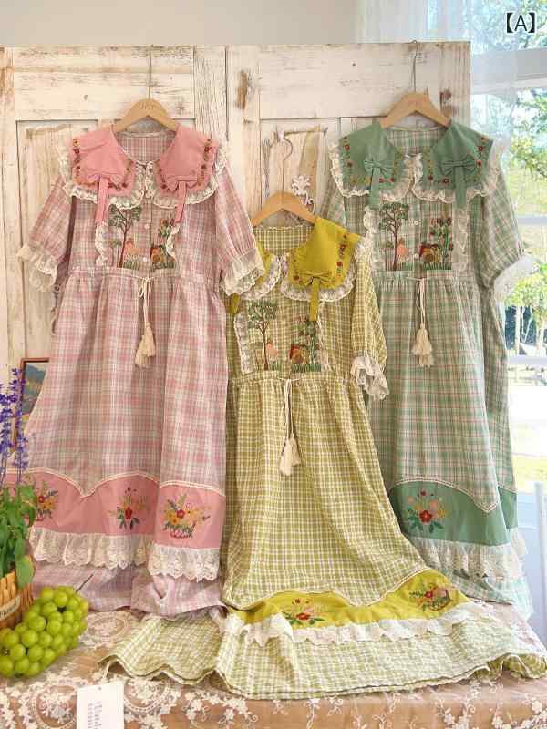 ワンピース レディース 春夏 かわいい 森ガール 韓国風 バタフライボウ ドールカラー 綿麻 フラワープリント チェック柄 ゆったり Aライン ハイウエスト 収腰 短袖 中長丈 ピンク イエロー グリーン 軽量 通気性 吸湿速乾 復古 ボヘミアン カジュ