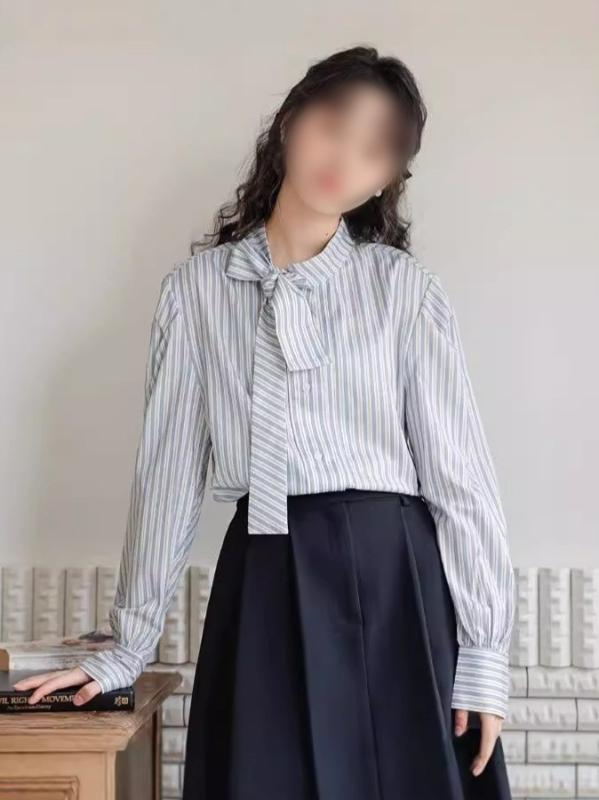 トップス 女性用 長袖 シャツ 韓系 バインダー 蝶結び ストライプ パターン 春夏 伸縮性 ポリエステル 素材 開襟 ポロ風 襟 普通丈 通常シルエット 通常袖 不対称 デザイン 日常使い 気質 優雅 スタイル カジュアル