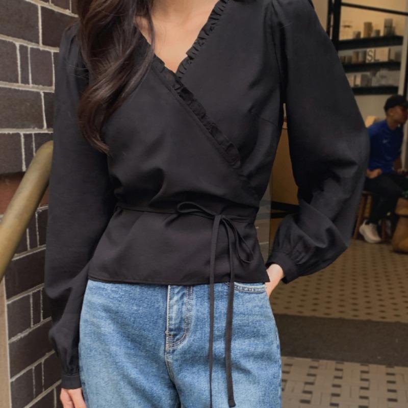 シャツ 女性用 フレンチ スイート Vネック 木の耳レース ワンピース風 紐付き パフスリーブ 長袖 トップス ブラウス ポリエステル 接触冷感 吸湿速乾 ゆったりシルエット 気品 通勤 普段使い ブラック 杏色 グレー系 春夏 秋 都市 カジュアル エ