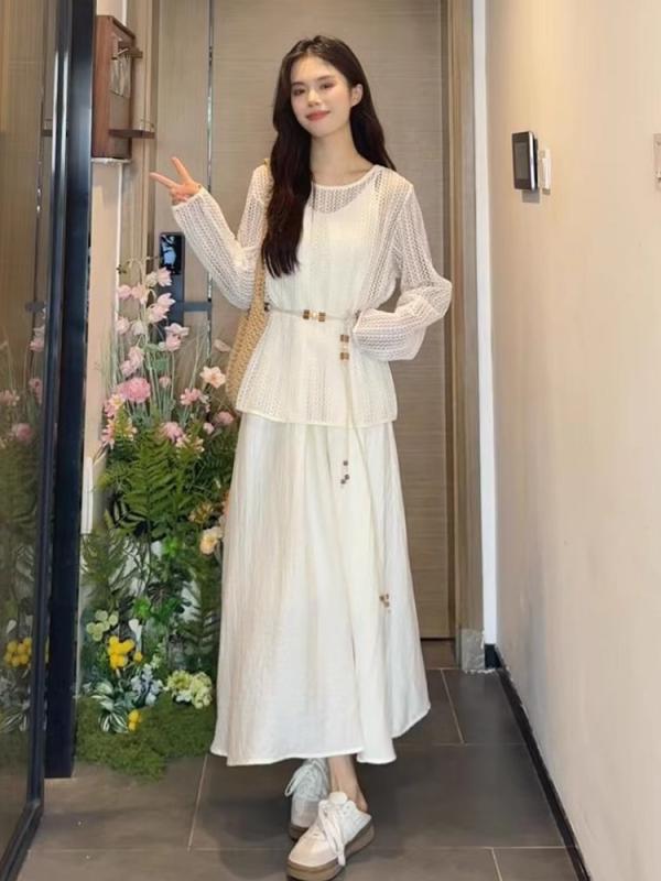 ワンピース レディース 春夏 吊り紐 長丈 ハイウエスト 切り替え 透け感 ?綸 ポリエステル 接触冷感 軽量 通気性 吸湿速乾 純色 ホワイト ビーチ リゾート バカンス かわいい 優しい ガーリー エレガント 女性用 日常使い 海辺 旅行 セットアッ