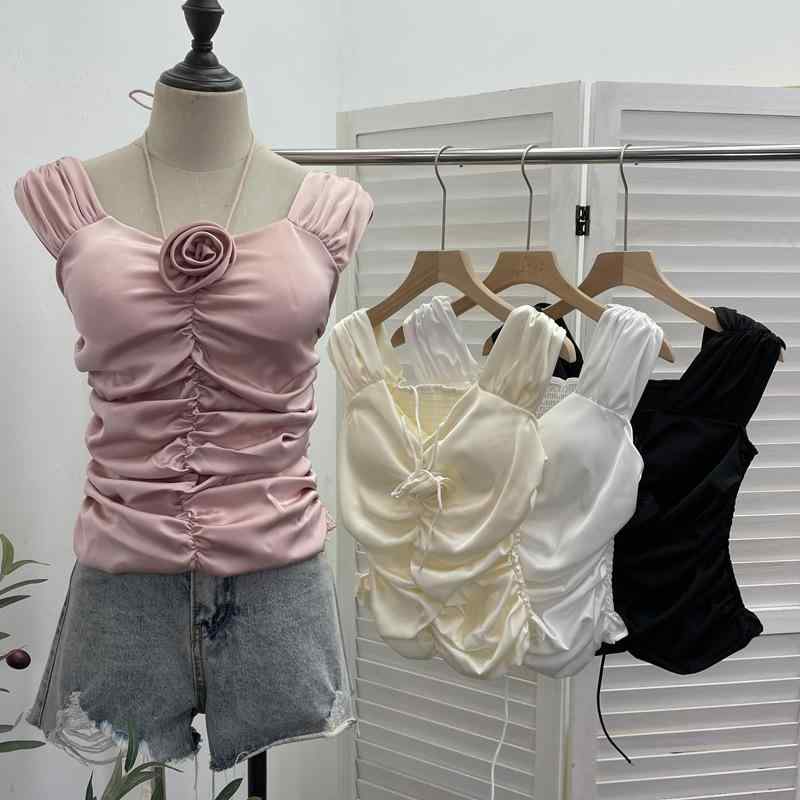 ブラウス 女性用 夏 ノースリーブ 肩紐 ハルターネック 取り外し可能パッド プリーツ 切り替え 短丈 トップス 修身シルエット 甘辛スタイル かわいい ピンク 杏色 ホワイト ブラック ポリエステル 接触冷感 軽量 吸湿速乾 通勤 デイリー 私服