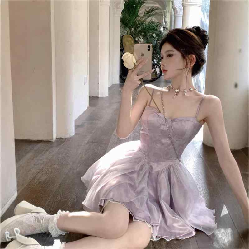 ワンピース レディース 春夏 吊り下げ フレア ロマンチック ワンピース フレンチスタイル プルオーバー 無袖 泡泡袖 フレアスカート ラウンドネック イージーウエスト 荷葉縁 デザイン ポリエステル 素材 ブルー パープル ミッドレングス かわいい シ｜フォークBR