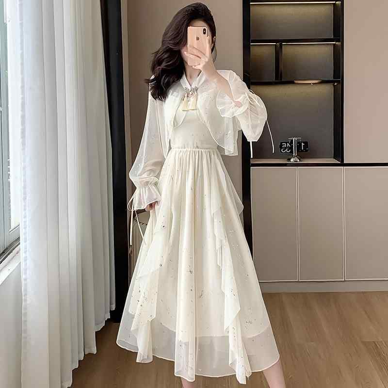 ワンピース 女性用 法式 セットアップ フレア 吊り帯 ロングドレス デザイン 気質 高腰 かわいい 減齢 別注 仙女風 雪? ポリエステル 純色 織り セットアップ 長丈 不規則 スタンドカラー ランタンスリーブ 長袖 流蘇 ビーズ ボタン 立体 タッ