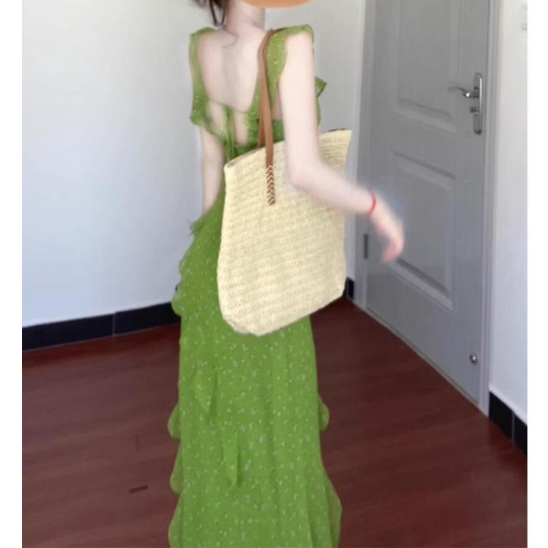 ワンピース 女性用 春夏 緑 フラワー柄 荷葉エッジ 吊り帯 無袖 ロングドレス 高腰 Aライン 切り替え セットイン ポリエステル 接触冷感 軽量 通勤 気質 優雅 ビーチ リゾート 普段使い かわいい 女性らしい シルエット エレガント スタイル