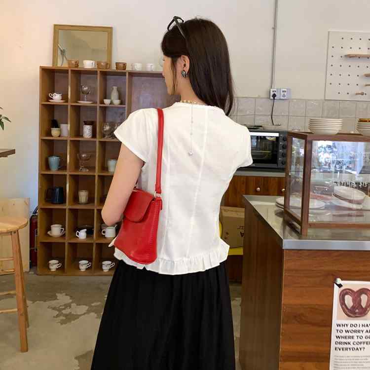 Vネック 短袖 シャツ レディース 白色 綿 素材 直筒型 切り替え デザイン 系帯 詳細 清新 甘美 スタイル 夏 トップス 純色 普通丈 通常袖 軽やか 通勤 普段使い