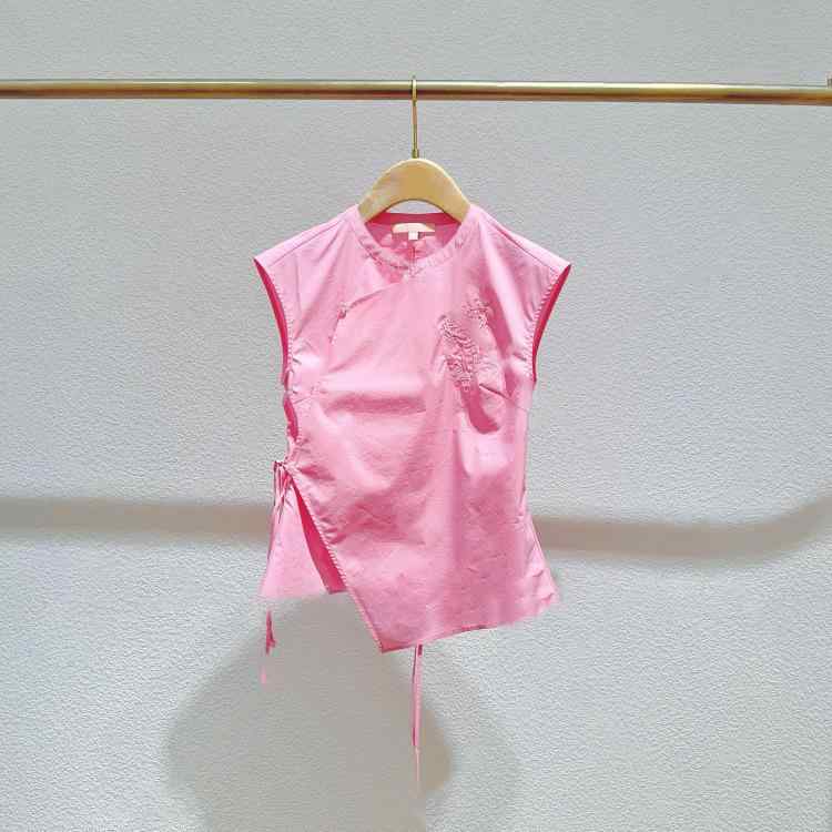 ブラウス レディース 春夏 ピンク 無袖 綿 シャツ トップス 修身 短丈 丸首 系紐 切り替え 刺繍 バラ柄 気質 通勤風 普段使い 吸湿速乾 軽量 伸縮性 かわいい 女性用