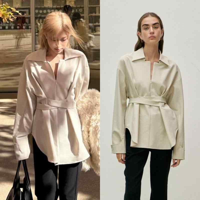 シャツ レディース 杏色 長袖 半拉? 翻領 ゆるシルエット ウエスト系帯 切り替えデザイン 気質通勤 普段使い 化繊混紡 ポリエステル素材 染色加工 中長丈 シンプル 純色 秋シーズン クロスバインド スタンダードスリーブ 優雅スタイル|フォークBR