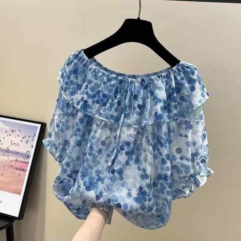 ブラウス 女性用 夏 通勤用 かわいい 花柄 フリル ウエスト系結び 肩出し 短袖 シフォン 接触冷感 ポリエステル 修身 普通丈 一字領 印花 気質 優雅 ブルー グリーン