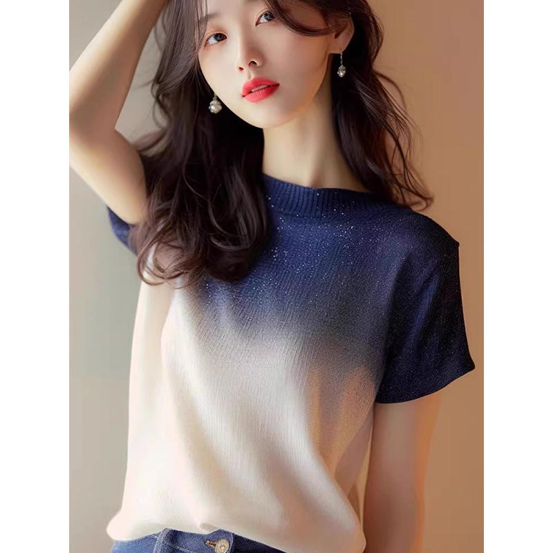レディース Tシャツ 短袖 トップス 丸首 セットインスリーブ グラデーションカラー 白 修身シルエット 普通丈 ポリエステル 花辺仕上げ デザイン性 気質 通勤 日常 都市スタイル カジュアル 柔らかい 春夏 シーズン 女性用 青年向け