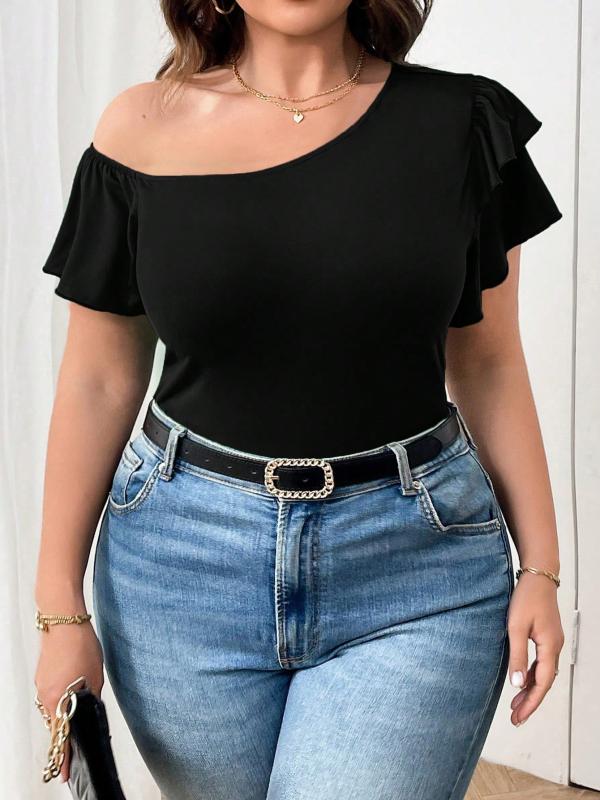 Tシャツ 女性用 大きいサイズ ブラック 短袖 斜め襟 荷葉エッジ 切り替え ゆったり 修身 通勤 気質 夏 接触冷感 吸湿速乾 軽量 ポリエステル 普段使い トップス ブラウス