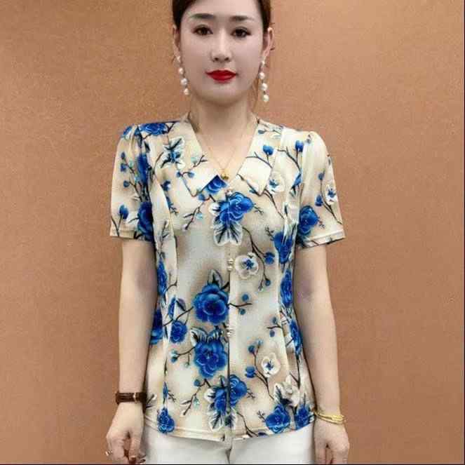 Tシャツ 女性用 春夏 気質 通勤 ゆったり スリム スタンドカラー 短袖 ?? 植物花卉 プリント 七彩花 丸点 格子 橘花 紅花 緑花 紅雛菊 緑雛菊 黒ストライプ 紅ストライプ 牡丹ピンク 牡丹グリーン 青バラ 紅バラ 牽牛花 白プリント 黒プリン