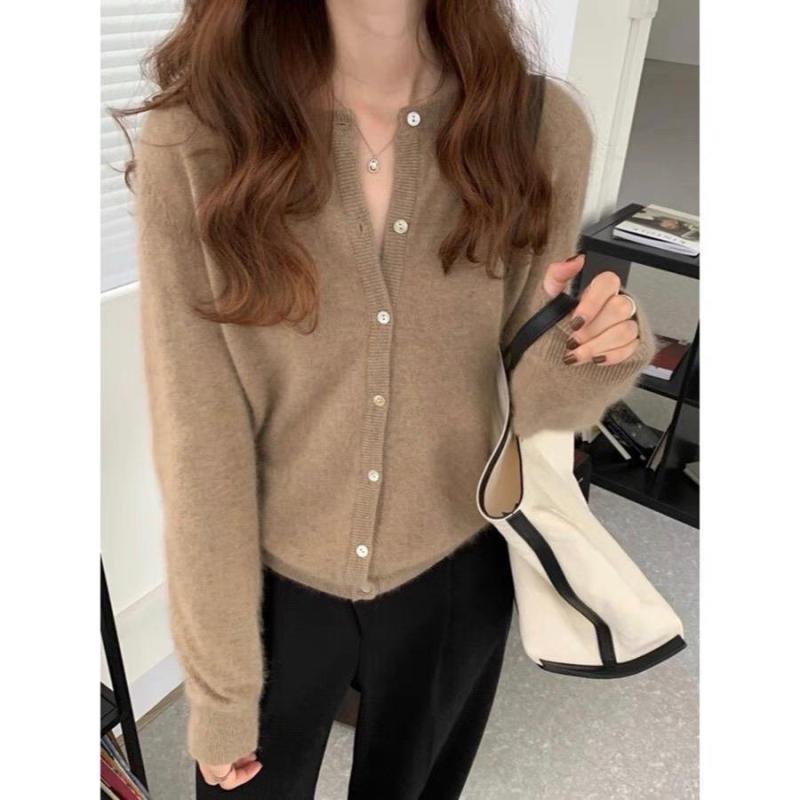 ニットカーディガン 女性用 春夏 秋冬 ラウンドネック 長袖 紫色 ショート丈 薄手 切り替えデザイン 修身シルエット 快適 軽量 伸縮性 普段使い 通勤 私服 ラグジュアリー ブラック 杏色 赤 グレー 煙色 カーキ イエロー ワインレッド ネイビー