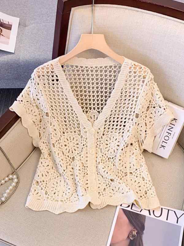 カーディガン 女性用 夏用 通勤風 気質 綿素材 接触冷感 薄手 切り替え Vネック クロシェ刺繍 レース 透け感 3分袖 杏色 単色 ルーズフィット スリム効果 ライトウェイト 吸湿速乾 イージースタイル ファッション トップス ニット 上着