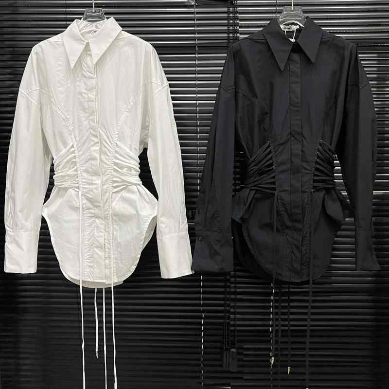 シャツ レディース 収腰 ウエスト バインド 長袖 トップス 綿 素材 純色 デザイン スリム 修身 シルエット 中長丈 フリップカラー スタンダード スリーブ タイ ディテール シングル ボタン ロウ アイアン フリー プロセシング クラシック スタイ|フォークBR