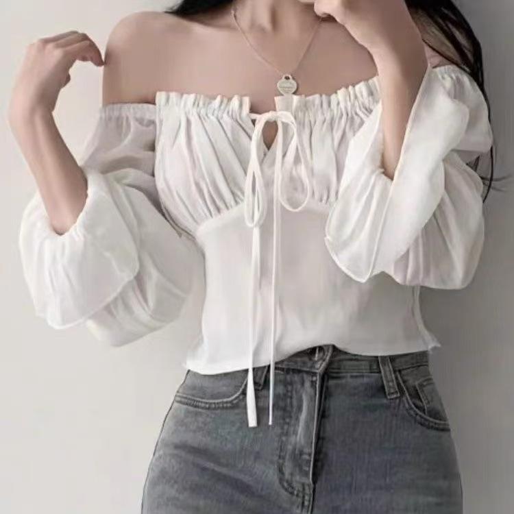 秋冬 女性用 長袖 シャツ トップス ブラウス 修身シルエット 方領 ラッパ袖 純色 乳白色 ピンク系 気質 優雅 気質通勤 普段使い 秋冬 涼感 ポリエステル 軽量 伸縮性 吸湿速乾 切り替え ワンショルダー 紐 セクシー フレンチスタイル 優しい シ