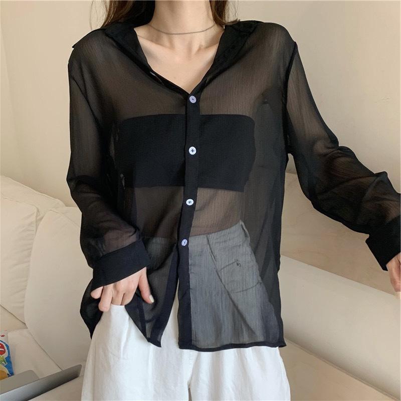 シャツ レディース 春夏 防紫外線 長袖 ゆったり シフォン ブラウス ジャケット 通勤用 都市スタイル ポリエステル 透け感 薄手 軽量 ボタン ポロカラー ブラック ホワイト グレー
